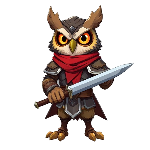 owl humanoid warrior, medieval armor, red scarf on neck, glowing eyes, battle pose, holding sword or spear, detailed 2d style