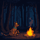 a pixel-art style image of a scooby-doo and shaggy, sitting by a campfire in a dark, eerie forest. the campfire casts a warm glow, contrasting with the dark. the scene feels both cozy and unsettling,