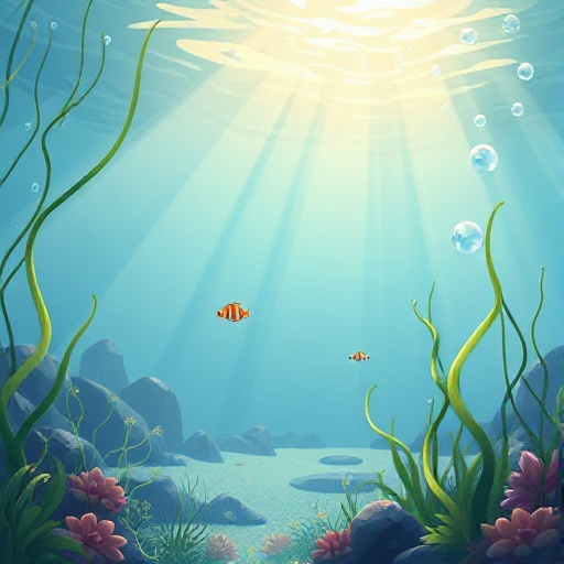 underwater with seaweed, soft light rays, small fish swimming, distant rocks, and bubbles rising