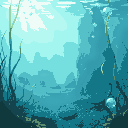 underwater with seaweed, soft light rays, distant rocks, and bubbles rising