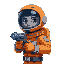 a digital portrait of an astronaut wearing a simple orange suit his visor reflects a metallic blue glow, he holds a blue gun with glowing accents and metallic details. his pose conveys mistery