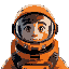 a digital portrait of an astronaut wearing a futuristic orange space suit designed for exploration in hostile environments. his visor reflects a metallic blue glow, hinting at the light from a nearby