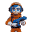 a digital portrait of an astronaut wearing a simple orange suit his visor reflects a metallic blue glow, he holds a blue gun with glowing accents and metallic details. his pose conveys mistery