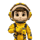portrait of a technical astronaut in a bright yellow space suit, adorned with functional details like control panels on the arm, exposed cables, and sensors integrated into the helmet. his reflective