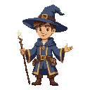 a mage male character youg with witch's hat and wand