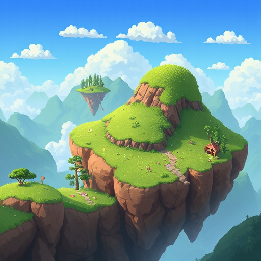 fantasy landscape, parallax, terraria styled, floating islands, green hills, sidescroller, 2d