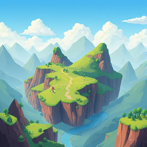 fantasy landscape, parallax, terraria styled, floating islands, green hills, sidescroller, flat