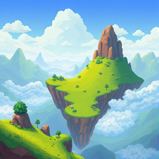 fantasy landscape, parallax, terraria styled, floating islands, green hills, sidescroller, 2d