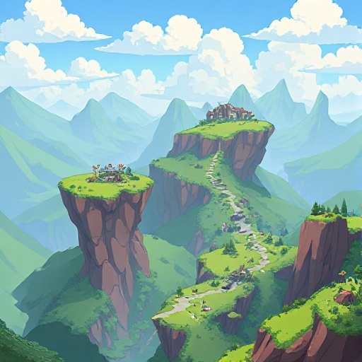 fantasy landscape, parallax, terraria styled, floating islands, green hills, sidescroller, 2d, metroidvania