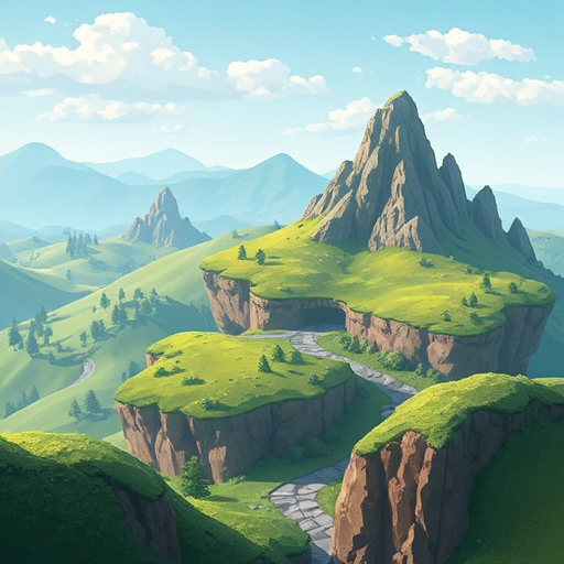 fantasy landscape, parallax, terraria styled, floating islands, green hills, sidescroller, flat