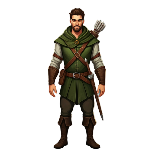 faça um personagem no estilo top down de um arqueiro, estilo robin hood, com arco e aljava. roupas em tons de verde