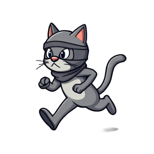 8-bit gray cat wearing a balaclava running, he keeps running, runs, and runs, full body pixel sprite