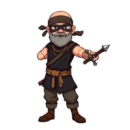 character with aged cloth covering his eyes, bearded and bald, wearing a black tunic with a rope belt tied around his waist, loose pants, and boots above the calf, wielding a cross-shaped sword. pixel