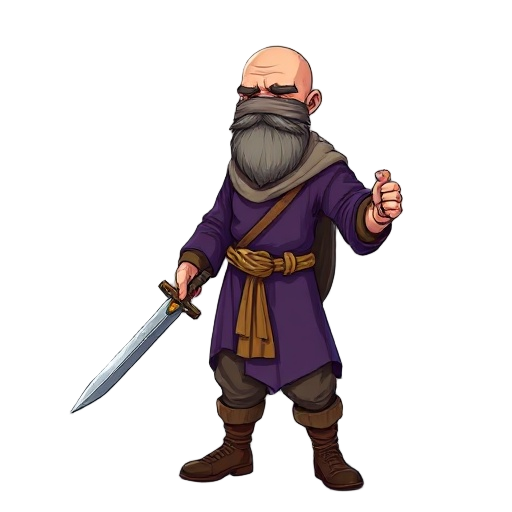bald, bearded priest with aged cloth covering his eyes, wearing a purple tunic with a rope tied at the side of his waist, loose pants, and boots above the calf, wielding a cross-shaped sword.