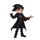 young wizard, iron knuckles, spell book open arm down, black modern suit