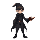 young wizard, iron knuckles, spell book open arm down, black modern suit