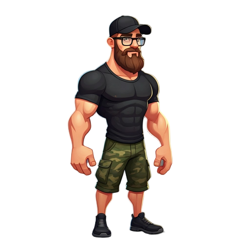 a beard guy, fitness body, black cap, black shirt, militar camouflaged shorts, black shoes. wearing prescription glasses