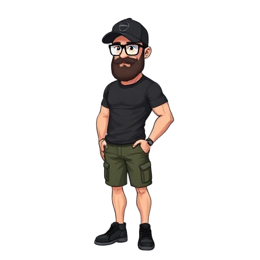 a beard guy, fitness body, black cap, black shirt, militar shorts, black shoes. wearing prescription glasses
