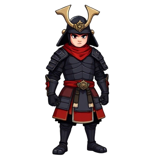 a samurai warrior in dark gray segmented armor with a red cloth around the neck and a red armored skirt. 
