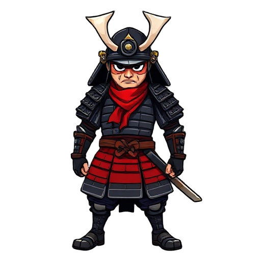 a samurai warrior in dark gray segmented armor with a red cloth around the neck and a red armored skirt. 
