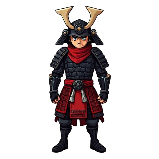 a pixle art samurai warrior in dark gray segmented armor with a red cloth around the neck and a red armored skirt. 