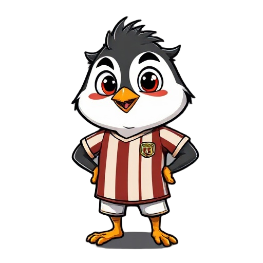 um pinguim animado , 2d cartoon style , com uma blusa de time de futebol, ele tem expressoes animadas 
