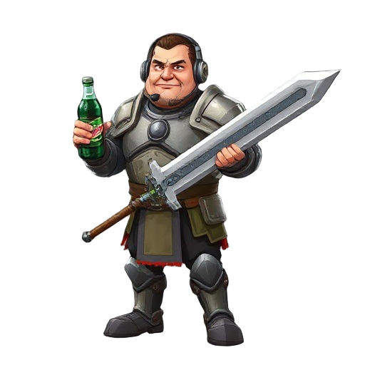 slightly overweight dude in ill-fitting plate armor, dual-wielding an oversized sword and a mountain dew bottle.  wears a headset with a mic