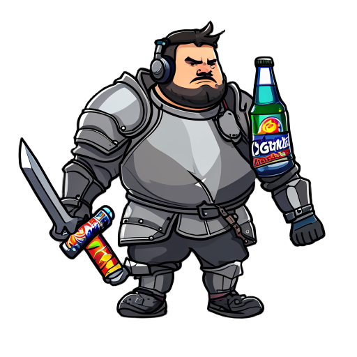 slightly overweight dude in ill-fitting plate armor, dual-wielding an oversized sword and a mountain dew bottle.  wears a headset with a mic