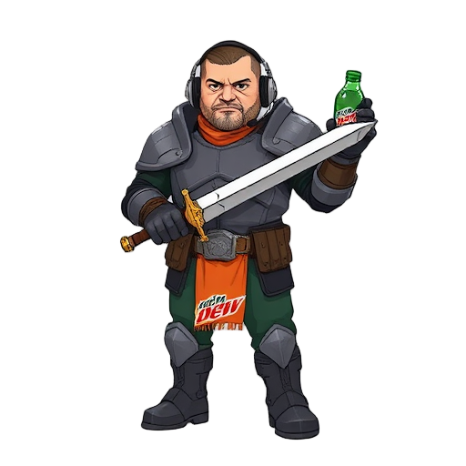 pixelated slightly overweight dude in ill-fitting plate armor, dual-wielding an oversized sword and a mountain dew bottle.  wears a headset with a mic