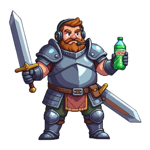pixelated slightly overweight dude in ill-fitting plate armor, dual-wielding an oversized sword and a mountain dew bottle.  wears a headset with a mic