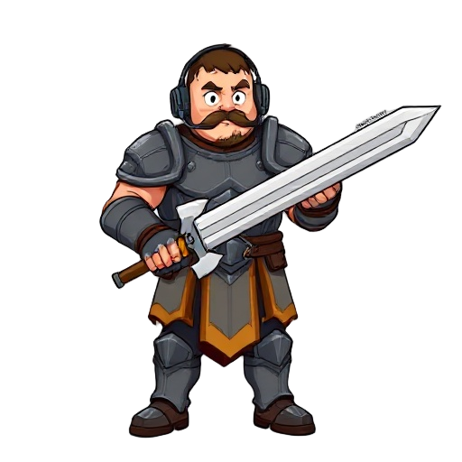 pixelated sprite of a slightly overweight dude in ill-fitting plate armor, dual-wielding an oversized sword and a mountain dew bottle.  wears a headset with a mic