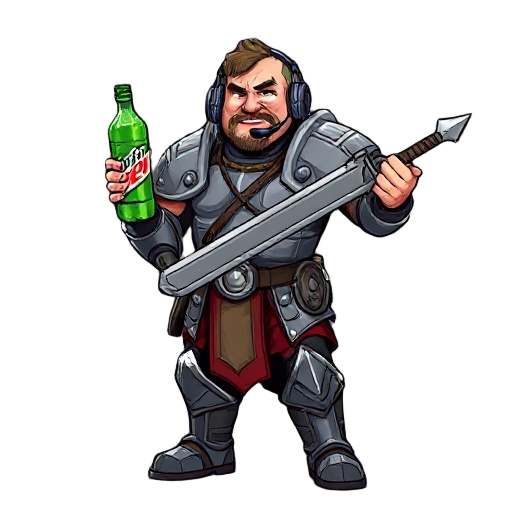 slightly overweight dude in ill-fitting plate armor, dual-wielding an oversized sword and a mountain dew bottle.  wears a headset with a mic