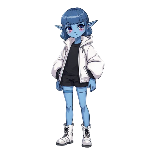 blue skinned sci-fi girl, elf ears, bob cut, puffy white jacket, black undershirt, short pants, white boots