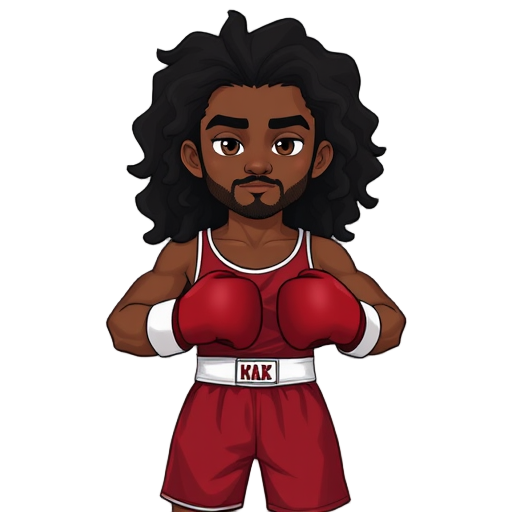 man, male, boy, dark skin, matt skin, tan, very long dark brown curly hair, designer stubble, brown eyes, boxer suit, boxing gloves