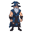 muscular magician who looks like gandalf, with blue magician hat and robe