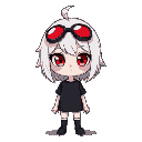 a girl with black t-shirt and white hair and red eyes 