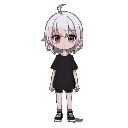 a girl with black t-shirt and white hair and red eyes 