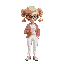 a youthful blonde girl with curly hair in pigtails, and large wire frame glasses. she’s wearing white cargo pants, and t-shirt, and a bright pink cardigan over it. she carries a clipboard.