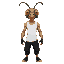 an athletic young man, in a white tank top and black cargo pants, wearing a large insect mask on his head. the mask has large bug eyes, a proboscis, and long antennae. 