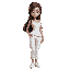 a young woman with long hair, green eyes, in a white tank top and white cargo pants and white sneakers, fit. she’s got green eyes and dark brown hair.
