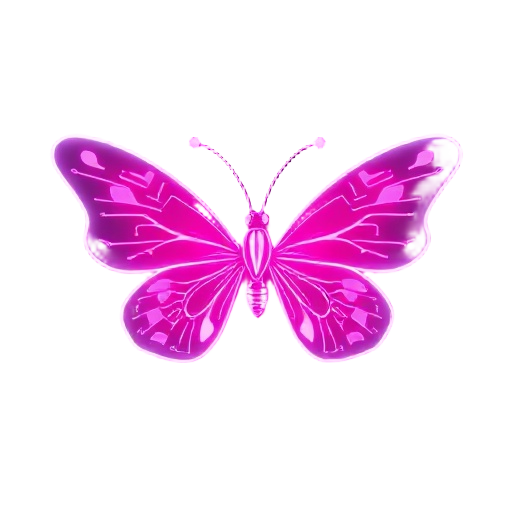 a glowing, futuristic butterfly with neon pink and magenta wings, featuring intricate circuit board patterns and light-emitting lines. the wings have a soft luminescent gradient from deep pink to whit