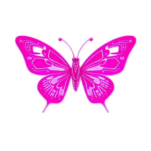 a glowing, futuristic butterfly with neon pink and magenta wings, featuring intricate circuit board patterns and light-emitting lines. the wings have a soft luminescent gradient from deep pink to whit