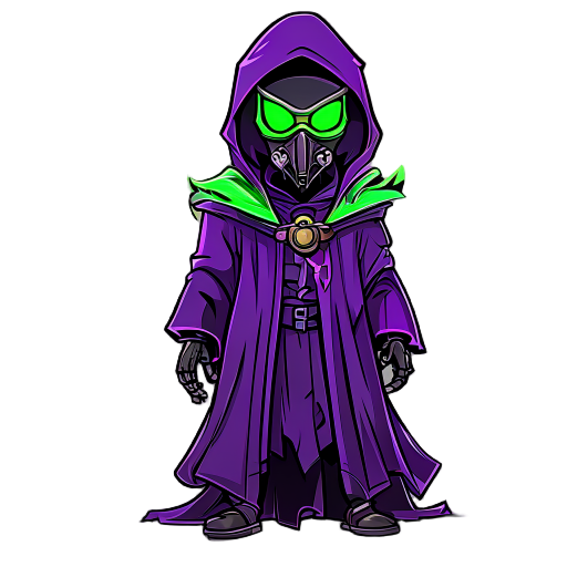 "cute comic necromancer in a purple mage robe with poison green edges. he wears a bronze mask.