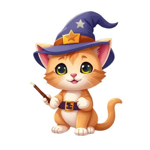 cute kitten with a wizard hat, holding a wand