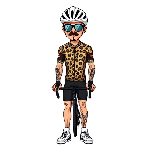 in short, i'm making a game in the aesthetics of the 00s, but about modern times, the main character is a cool hipster cyclist, he is wearing: a solid white helmet, a leopard jersey, cool black shorts, white cycling shoes, punk tattoos on his arms, he wea