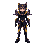 futuristic 2d female hero, high-tech armor, glowing elements, strong expression, sci-fi cyberpunk style, black, purple, and gold tones.