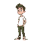 teeneger with white shirt and green pants looking right