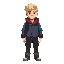survival boy with blue and red jacket with white skin color and blonde hair