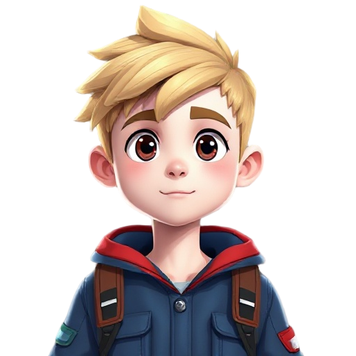 survival boy with blue and red jacket with white skin color and blonde hair
