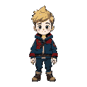 survival boy with blue and red jacket with white skin color and blonde hair